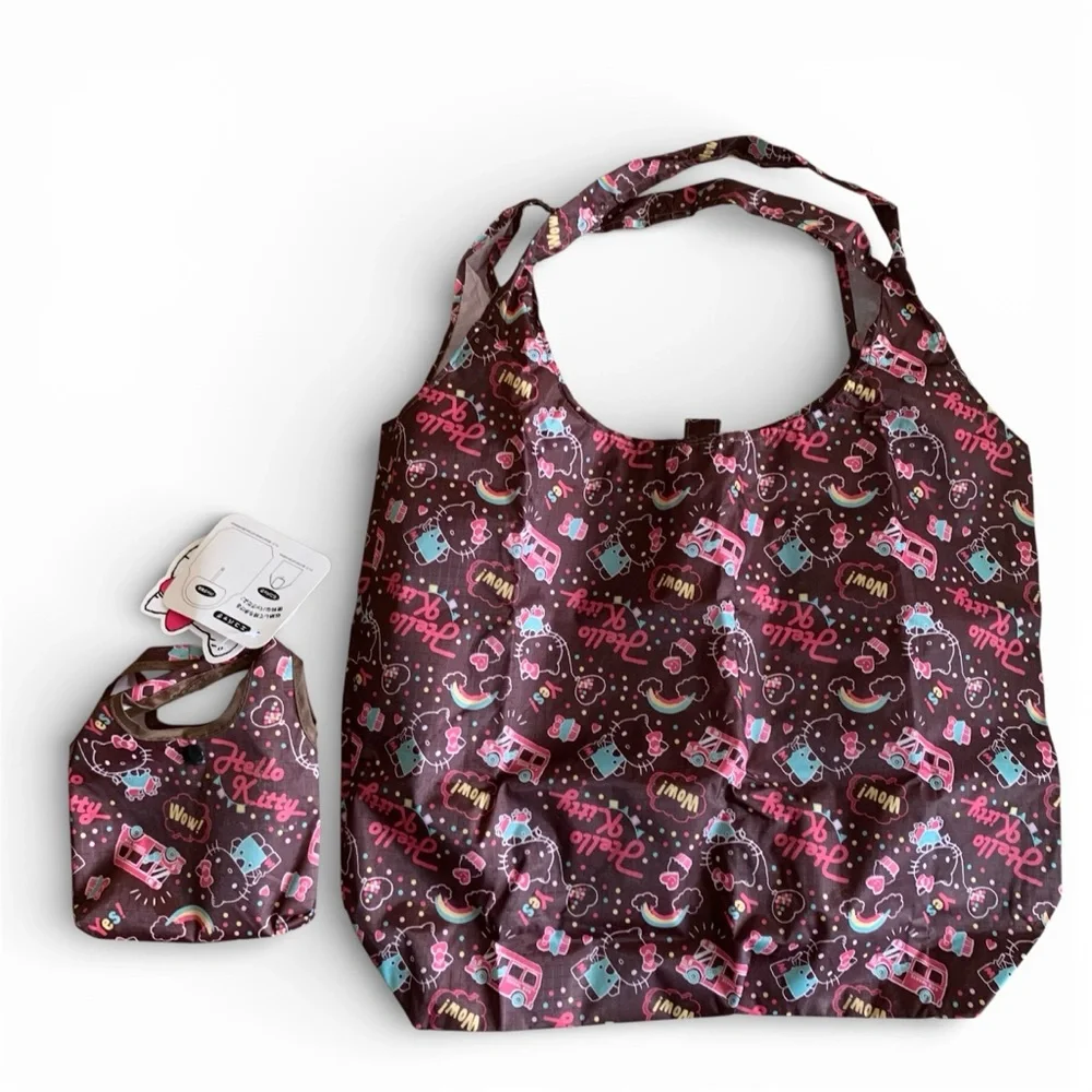 Sanrio Hello Kitty Foldable Reusable Shopping Tote Bag Brown Pink Hearts NWT